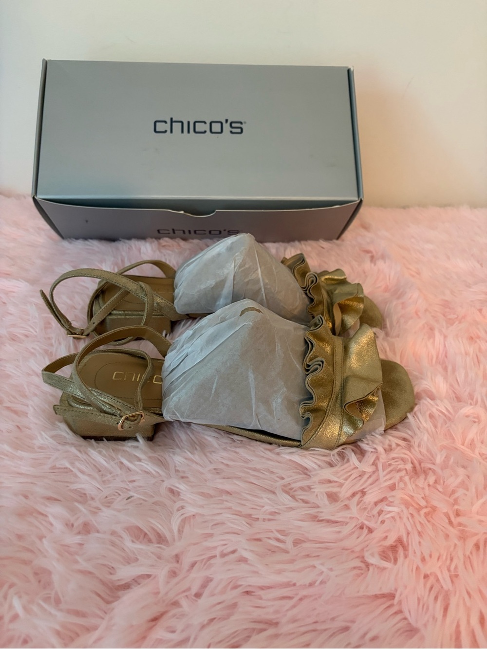 Chico's Metallic Gold Ruffle Sandals - Picture 4 of 9